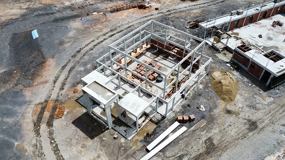 Aerial view of a reinforced concrete frame with column formwork