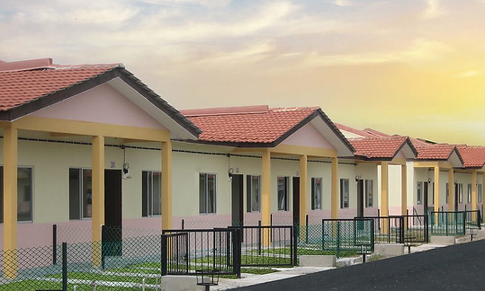 Row of newly completed single-storey terrace houses